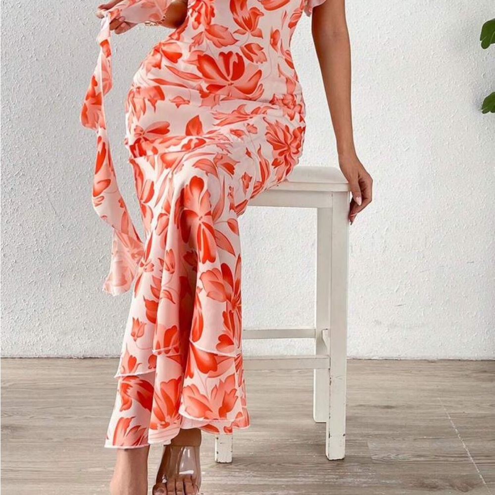 SHEIN Floral Midi Dress in Red and White